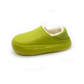 A single green slipper with a smooth exterior and cozy white interior lining, designed for comfort and warmth.