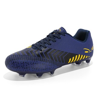 Navy blue soccer cleats with yellow and black detailing, featuring a mesh and synthetic leather upper and a rubber sole, ideal for artificial grass play.