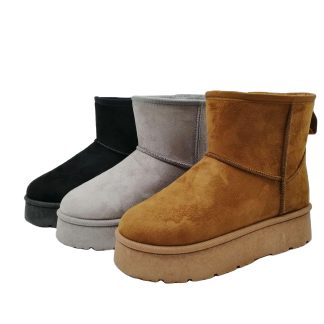 Three suede boots in tan, silver, and black, each with a ribbed top and thick rubber sole, displayed side by side.