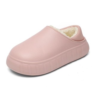 Pink winter slippers with soft lining and ribbed top, pink soles.