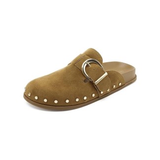 HEVA - Suede Buckle Detail Flat Foot Slippers with Studded Accents Brown