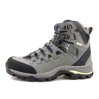 A gray high-top hiking boot with black and yellow accents.