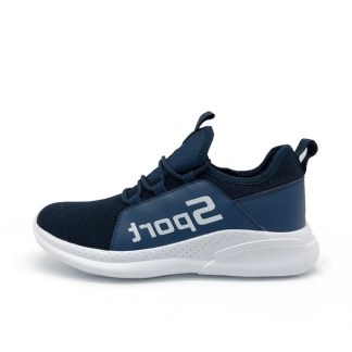 Navy blue sports sneaker with breathable mesh and 'SPORT' text on a white sole.