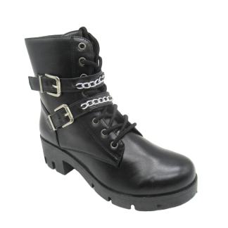 A black combat boot with multiple silver chains and buckled straps around the shaft.