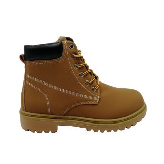 Tan lace-up boot with yellow laces and stitched details.