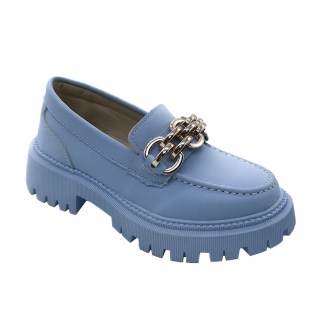 Light blue loafer with metallic chain detail and a chunky, treaded sole.