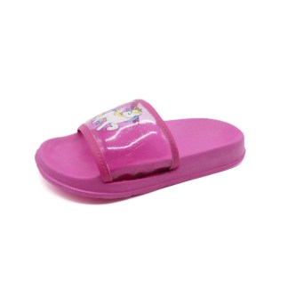 Kids' slide sandals with a glittery strap and playful cartoon-themed design, featuring a comfortable sole for all-day wear.