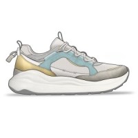 A design sketch of a beige and light blue athletic sneaker with gold accents and a thick white sole.