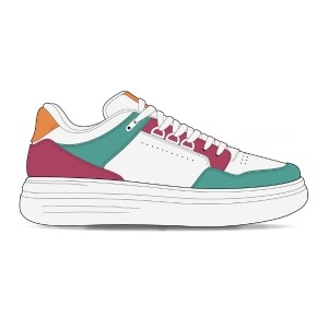A design sketch of a white sneaker with vibrant teal, red, and orange accents and a white sole.