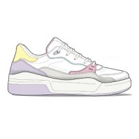 A design sketch of a white sneaker with pastel pink, yellow, and purple accents and a thick white sole.