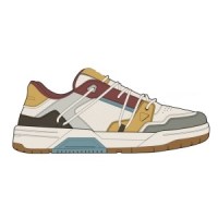 A design sketch of a multi-colored sneaker with shades of brown, beige, and blue, and a white sole with brown tread.