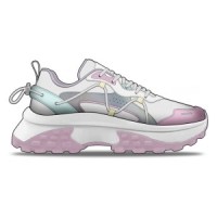 A design sketch of a chunky sneaker with a white base, pastel purple, pink, and blue accents, and a thick sole.
