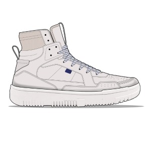 A design sketch of a high-top sneaker in a light beige color with blue laces and a thick white sole.