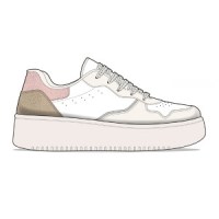 A design sketch of a stylish sneaker with a white base and pastel pink and beige accents.