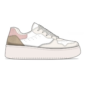 A design sketch of a stylish sneaker with a white base and pastel pink and beige accents.