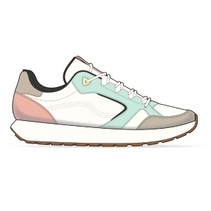 A design sketch of a retro-style sneaker with a white upper, mint green and peach accents, and a gum sole.