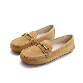 Tan suede loafer with metal buckle detail, featuring a slip-on design and stitched moccasin-style upper.
