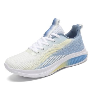 White flyknit running shoes with subtle yellow and blue gradients, offering a lightweight and breathable option for daily runs.